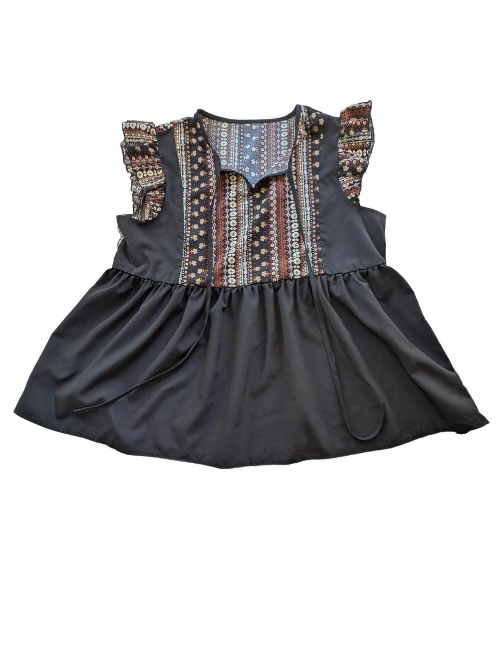 Fall Boho Womens Top Black and Brown Flowery and Flowy Sleeves XL